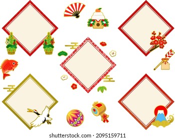 Design set of Japanese style rhombus frames and illustrations of Japanese New Year icons