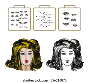 Design set, kit of pop art girl, women full faces set. Constructor of a face. Part 2.