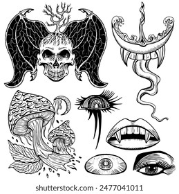 Design set with line art hand drawn mystic objects and symbols of scary demon skull, magic mushrooms, vampire lips and teeth, third eye isolated on white. Esoteric, Halloween and occult concept