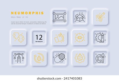 Design set line icon. Video and photo editing, color correction, drawing, brush, cutting, frame, pencil. Neomorphism style. Vector line icon for business and advertising