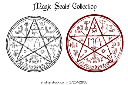 Design set of magic seals with pentagram and mystic symbols isolated on white. Halloween line art vector illustration. Esoteric, occult and gothic background, fantasy tattoo and t-shirt print. 