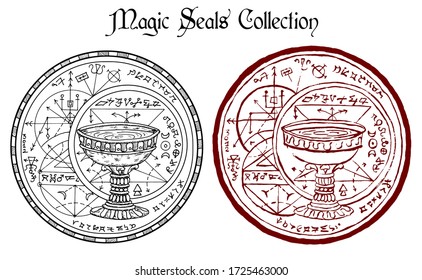 Design set of magic seals with ritual cup and mystic symbols isolated on white. Halloween line art vector illustration. Esoteric, occult and gothic background, fantasy tattoo and t-shirt print. 