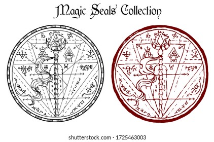 Design set of magic seals with wand and mystic symbols isolated on white. Halloween line art vector illustration. Esoteric, occult and gothic background, fantasy tattoo and t-shirt print. 