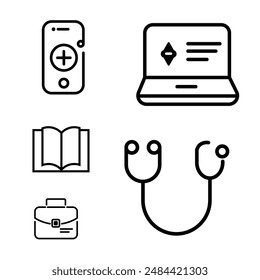 Design a set of minimalist, line-art vector icons in black and white, focusing on a wide range of themes such as technology, business, healthcare, education, and communication.