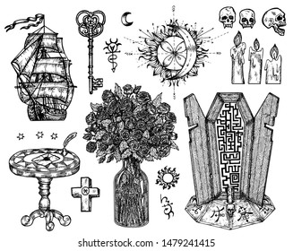 Design set with mystic symbols isolated on white. Vector engraved illustration in gothic and mystic style. No foreign language, all symbols are fantasy