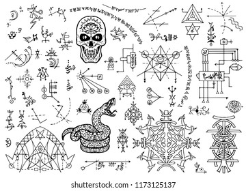 Design set with mystical symbols, skull, snake and abstract patterns. Esoteric, occult and Halloween concept with sacred geometry elements, graphic vector illustrations for music album cover, t-shirts