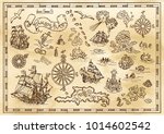 Design set with nautical decorative elements, fantasy creatures, pirate treasure map details. Pirate adventures, treasure hunt and old transportation concept. Hand drawn vector illustrations