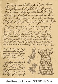 Design set with old hand written unreadable text, black and white line art with letters and tower. No foreing language, all words are fantasy symbols. 