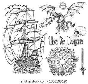 Design set with old sailing ship, dragon, compass and sword. Vector sketch of fantasy epic, adventures and old transportation concept. Graphic line art engraved illustration, doodle collection