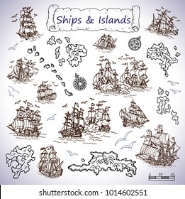 Design set with old sailing ships, treasure islands, compasses. Pirate adventures, treasure hunt and old transportation concept. Hand drawn vector illustration, vintage background