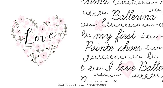 Design set of Pink floral heart with love calligraphic inscription and Doodle calligraphy seamless background. Lovely girlish themed pink coloured vector graphics for apparel t-shirt print, textile