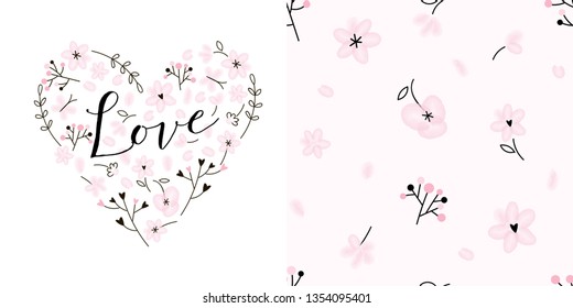 Design set of Pink floral heart with love calligraphic inscription and Gentle tiny floral seamless background. Lovely girlish themed pink coloured vector graphics for apparel t-shirt print, textile