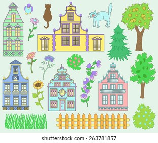 Design set with pretty decorated houses, cute fence, cats, trees and nature details. Hand drawn elements