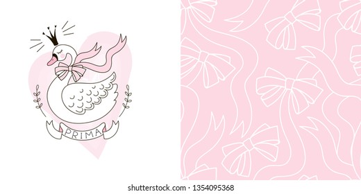 Design set of print with Cute princess swan bird and Doodle ribbon bows seamless background. Lovely girlish ballet themed pink coloured vector graphics for apparel t-shirt print, textile, sleepwer