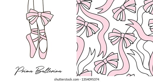 Design set of print with Dancing ballerina legs in pointe shoes and Doodle ribbon bows seamless background. Lovely girlish ballet themed pink coloured vector graphics for apparel t-shirt print