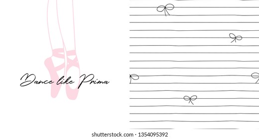 Design set of print with Dancing ballerina legs in pointe shoes and Doodle thin lines and bows small-scaled neutral seamless background. Lovely girlish ballet themed pink coloured vector graphics for