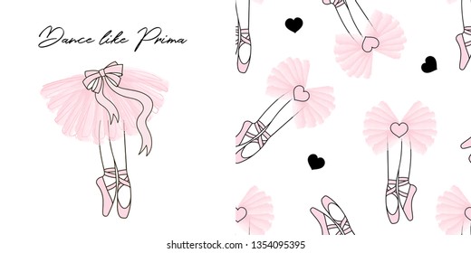 Design set of print and seamless background with Dancing ballerina legs in pointe shoes and pink transparent ballet skirt. Lovely girlish ballet themed pink coloured vector graphics for apparel t