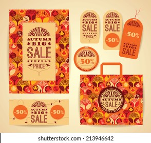 Design set for promotional items for autumn sale. Poster, package,  flyer, labels. Typography label, Lettering, Bright colorful background with trees, maple leaves, birds.