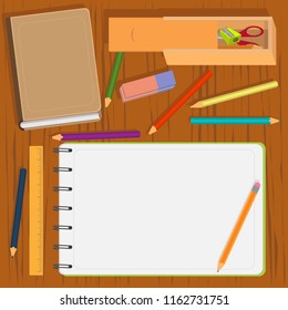 Design set of realistic colored pencils, eraser, ruler, sketch book, pencil-case, book, sharpener. Mess of items for school and artist. Painting and drawing. Back to school. Vector design illustration