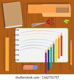 Design set of realistic colored pencils, eraser, ruler, sketch book, pencil-case, book, sharpener. Items for school and artist. Painting and drawing. Back to school. Vector design illustration.Rainbow