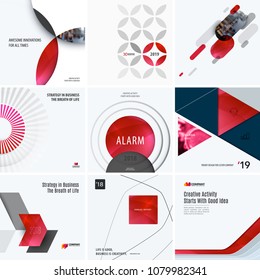 Conjunto de diseño de elementos vectoriales abstractos de color rojo para un fondo moderno con círculos, cuadrados, triángulos y formas lisas