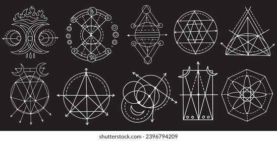 Conjunto de diseño con elementos de geometría sagrada, formas y patrones aislados. Concepto místico, esotérico y oculto