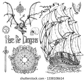 Design set with sailboat, flying dragon, baroque compass, sword, skull. Vector sketch of fantasy epic, adventures and old transportation concept. Graphic line art engraved illustration