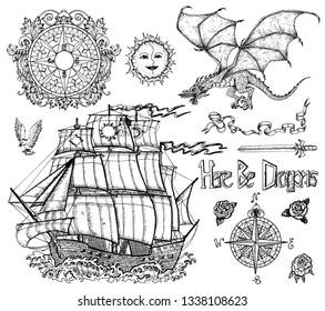 Design set with sailing vessel, flying dragon, compass, sword, decoration. Vector sketch of fantasy epic, adventures and old transportation concept. Graphic line art engraved illustration