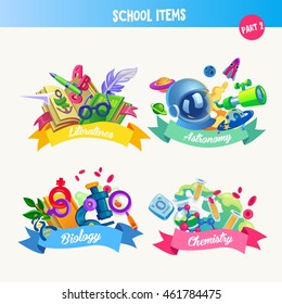 Design set with school items: literatures, astronomy, biology, chemystry