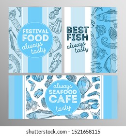 Design set seafood cafe. Restaurant brochure,flyer.Hand drawn graphic.Vector illustration.
