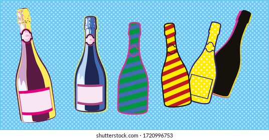 Design set with six colourful wine and champagne bottles in Pop Art style with different ornaments. Poster for bar card or cafe promo flyer. Vector illustration for banner.Sparkling beverage party