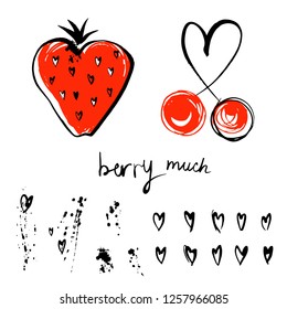 design set of strawberry cherry hearts elements drawn with inky brush, perfect for Valentin's Day projects 