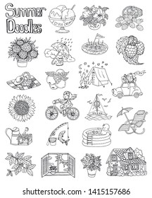 Design set with summer icon drawings of cottage house, flowers, boat, vintage car, gardening objects.  Vector collection with hand drawn graphic doodles and silhouettes isolated