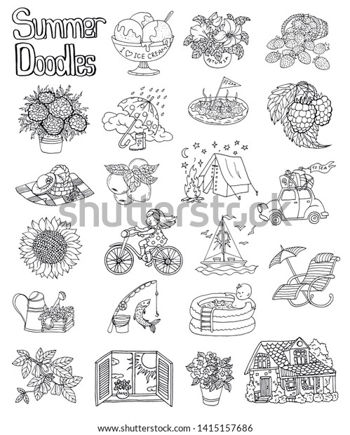 Design set with\
summer icon drawings of cottage house, flowers, boat, vintage car,\
gardening objects.  Vector collection with hand drawn graphic\
doodles and silhouettes\
isolated