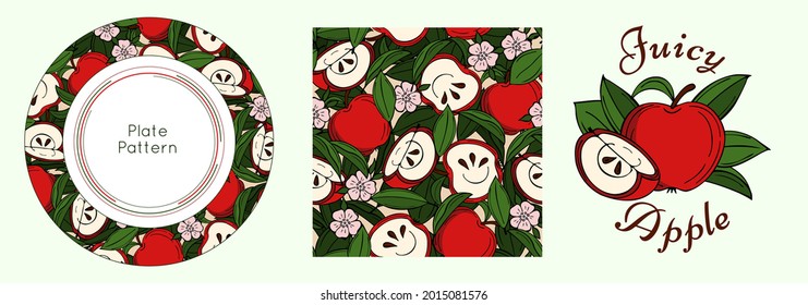 Design set for tableware. Seamless pattern, emblem, round frame. Cheerful, vivid illustration. Good also for print design, textile. Vector.