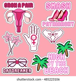 Design set of trendy chic patch badges pins stickers with cartoon shoes, palm trees, hand gestures, heart-shaped sunglasses, venus sign, lollipops, uterus. Good for stickers, pins, etc.