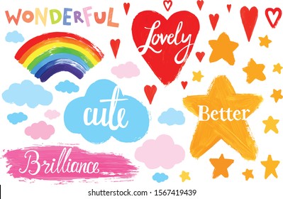 Design set. Typography. Lovely. Sweet. Better. Wonderful. Rainbow, clouds, stars, brilliance, hearts with dry brush stroke effect.