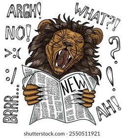 Design set with vector illustrations of cartoon angry lion surprised to read the news against textured background. Clip art of funny animals reading a newspaper. Hand drawn engraved comic artworks 
