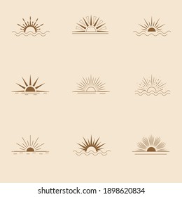 Design set of vector sun icons and symbols in boho style. Vector abstract elements for logo, print, decoration, social networks in a modern minimalist style. Flat vector illustration