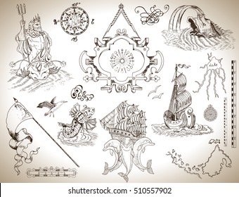 Design set of vintage graphic drawings with banner, sailing ships and sea symbols for maps, logo, emblems. Engraved illustrations. Pirate adventures, treasure hunt and old transportation concept. 