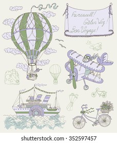 Design set with vintage means of transportation and banner. Retro air balloon, plane, bicycle and steamship. Hand drawn vector illustration on travel theme