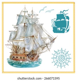 Design set with watercolor hand drawn sailing ship and silhouettes of old boat and rose of winds in rope frame