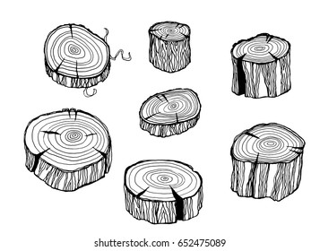 Design Set With Wood Logs. Wooden Trunks In Hand Drawn Line Art Style. Ink Wooden Sketch On White Background