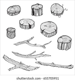 Design set with wood twigs and logs. Tree branches and stumps in hand drawn style. Ink contour sketch on white  background