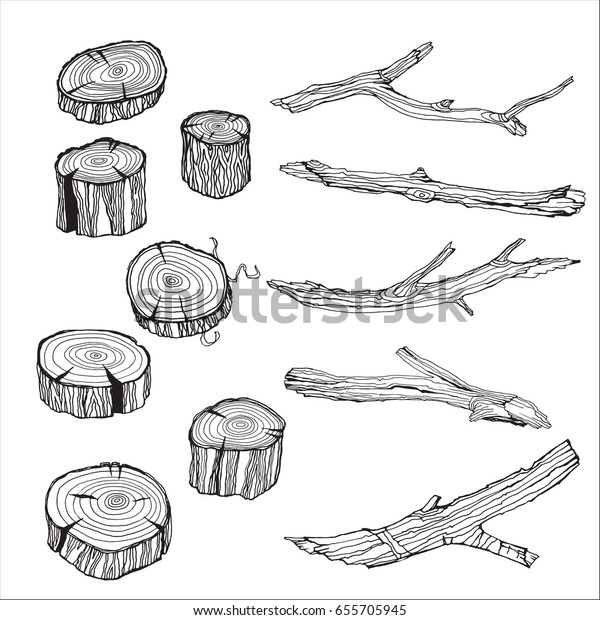 木の小枝と丸太を使用したデザインセット 手描きの線画スタイルで 木の枝や切り株 白い背景にインク輪郭スケッチ のベクター画像素材 ロイヤリティフリー