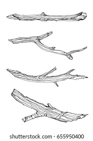 Design set with wood twigs. Tree branches in hand drawn style. Ink wooden sketch isolated on white  background