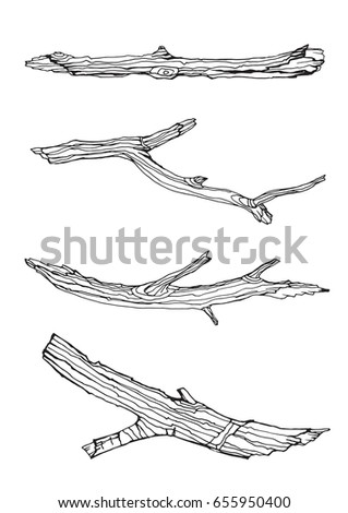 Design set with wood twigs. Tree branches in hand drawn style. Ink wooden sketch isolated on white  background