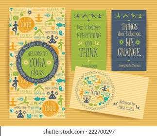 Design set for yoga class. Poster, flyer, card. Vector pattern with illustration yoga lifestyle.