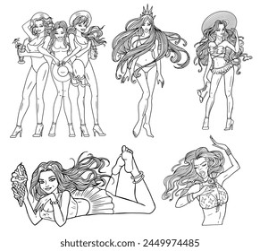 Design set with young beautiful women with long hair in suitcase on vacation isolated on white. Summer background, travel concept, line art. 