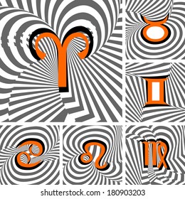 Design set of Zodiac icons. Strip twisting line textured font. Vector-art illustration